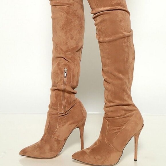 Taupe Suede Pointy Toe High Heel Thigh High Boots - Picture 6 of 9
